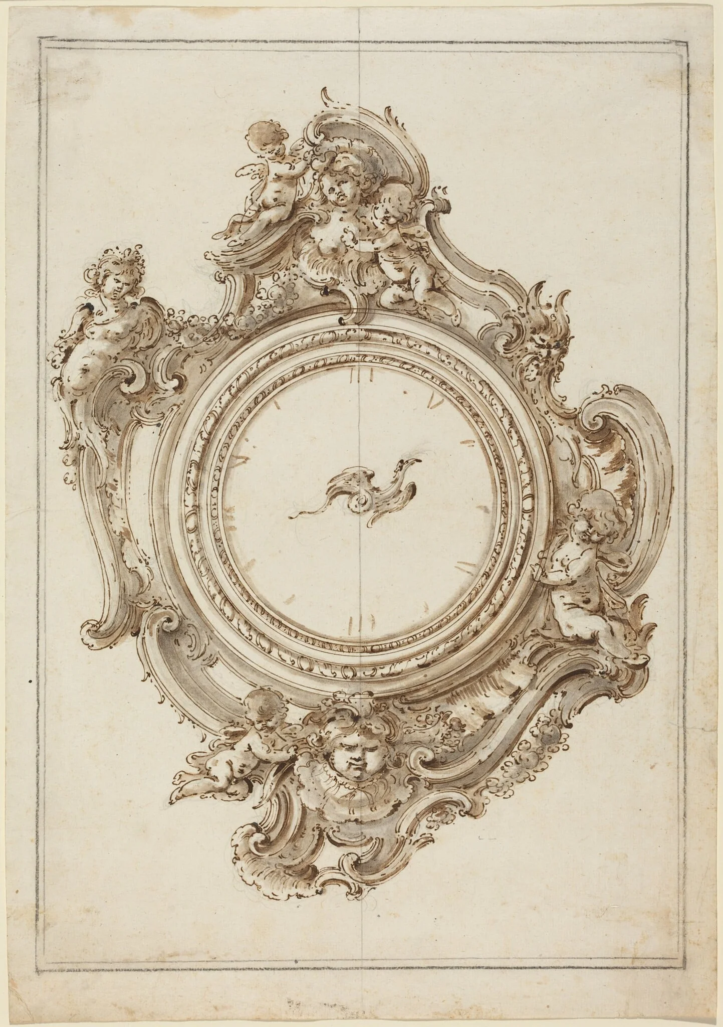 A Rococo Clock with Sirens, Putti, Masks, and a Bird of Paradise Pointer, detail