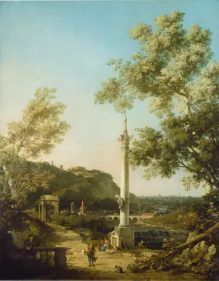 English Landscape Capriccio with a Column, by Canaletto, oil, 1754