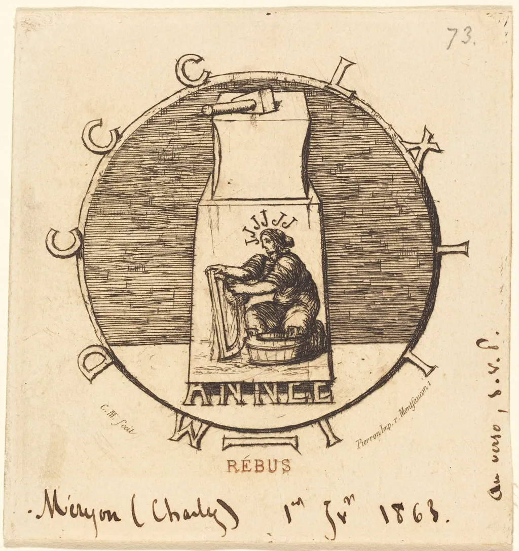 Rébus: "Ci-gît la vendetta surannée" (Rebus: "Here Lies the Ancient Vendetta"), by Charles Meryon, ink, 1863