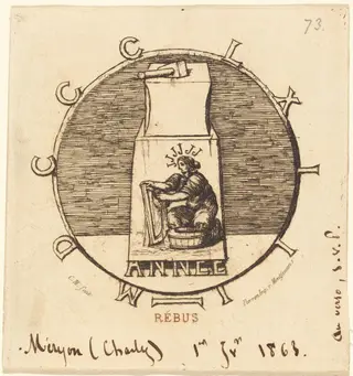 Rébus: "Ci-gît la vendetta surannée" (Rebus: "Here Lies the Ancient Vendetta"), by Charles Meryon, ink, 1863