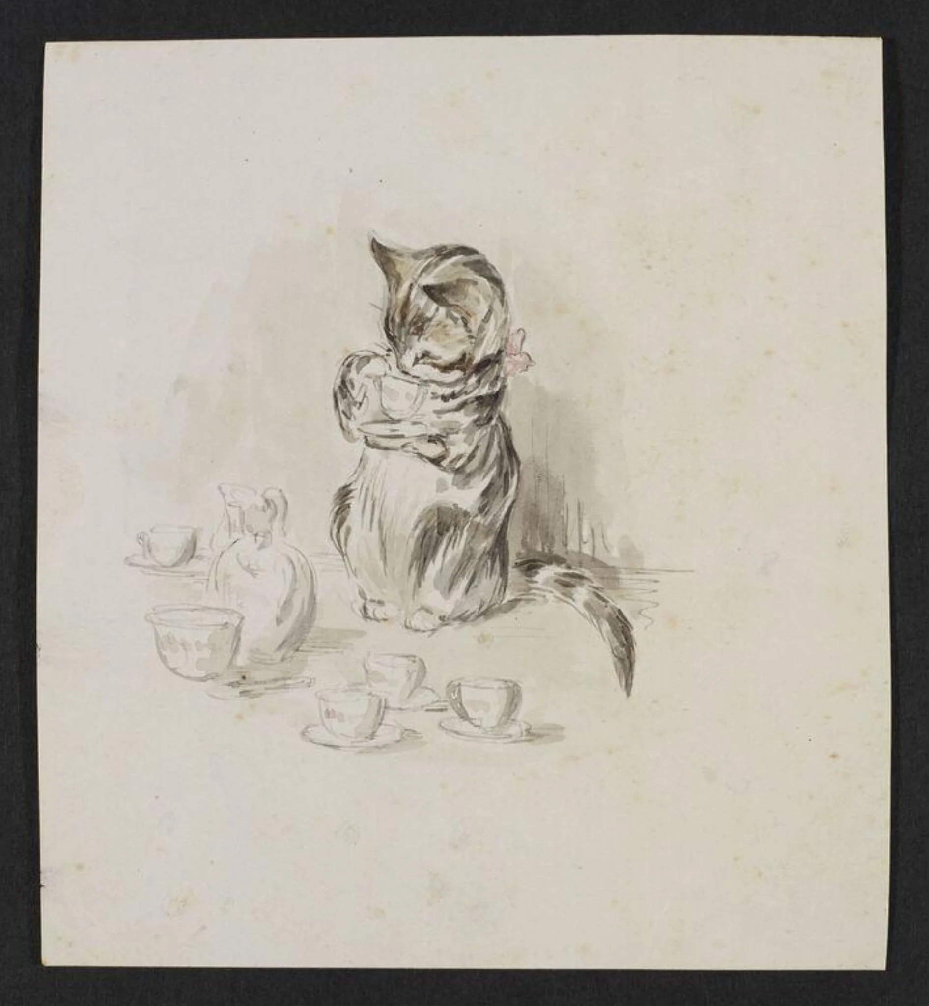 A cat drinking from a cup and saucer, detail