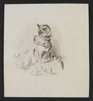 A cat drinking from a cup and saucer, by Beatrix Potter, watercolor, 1894