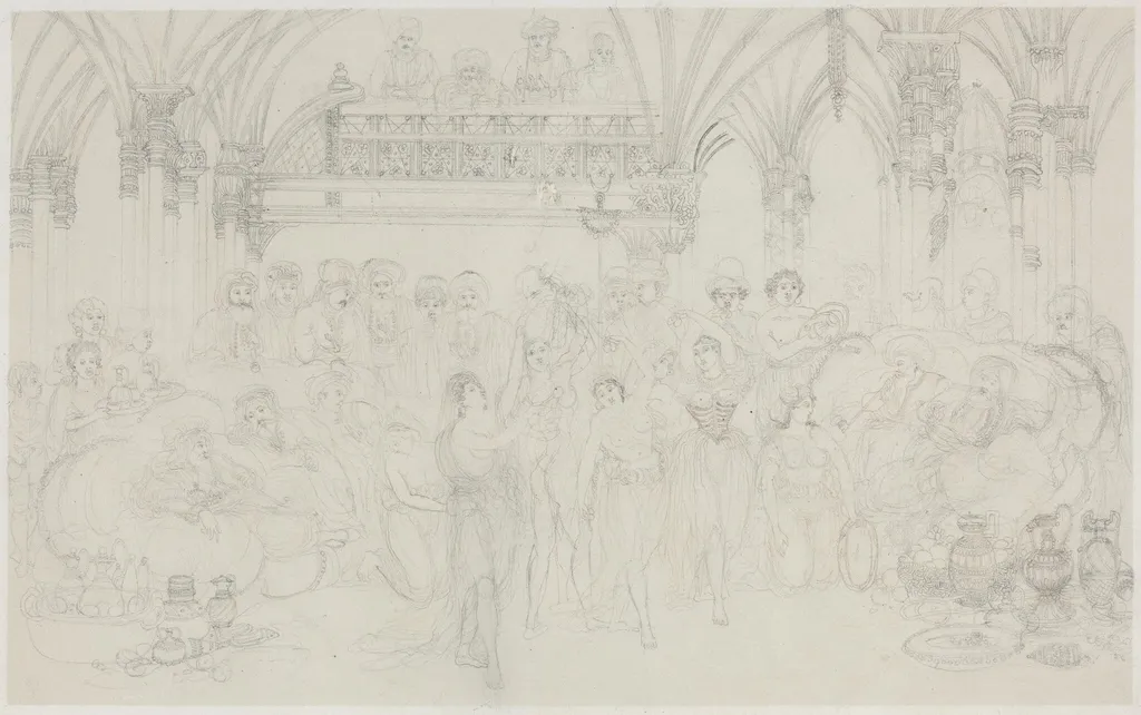 Interior: Dancing Girls Entertaining Chieftains, by Rodolphe Bresdin, graphite, 1870