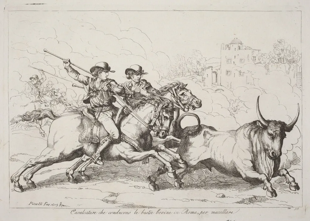 Cavalcature che conducono le bestie bovine in Roma, per macellare (Cattle Driven to the Slaughter in Rome) (Plate 16), by Bartolomeo Pinelli, ink, 1809