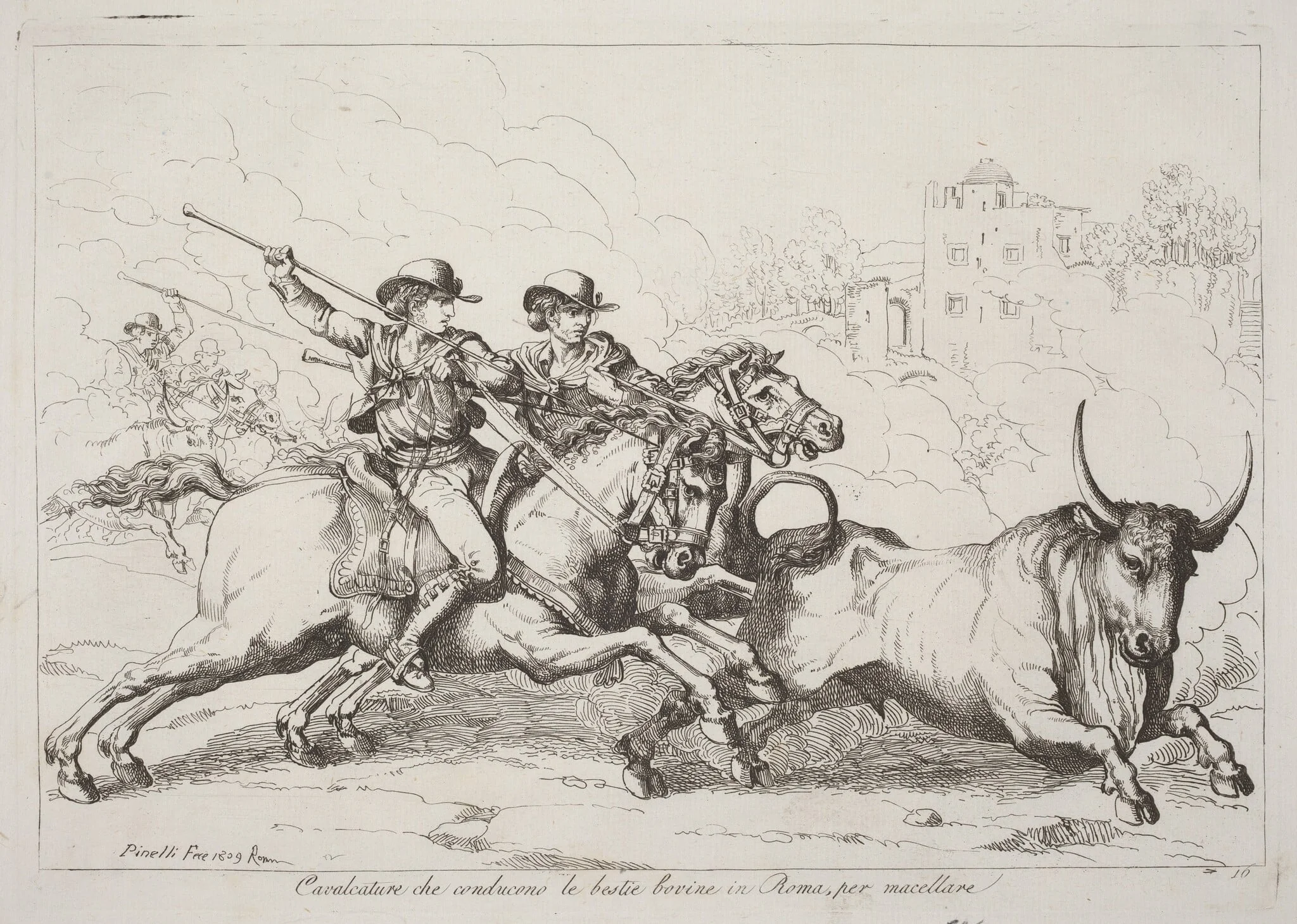 Cavalcature che conducono le bestie bovine in Roma, per macellare (Cattle Driven to the Slaughter in Rome) (Plate 16), detail
