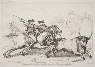 Cavalcature che conducono le bestie bovine in Roma, per macellare (Cattle Driven to the Slaughter in Rome) (Plate 16), by Bartolomeo Pinelli, ink, 1809