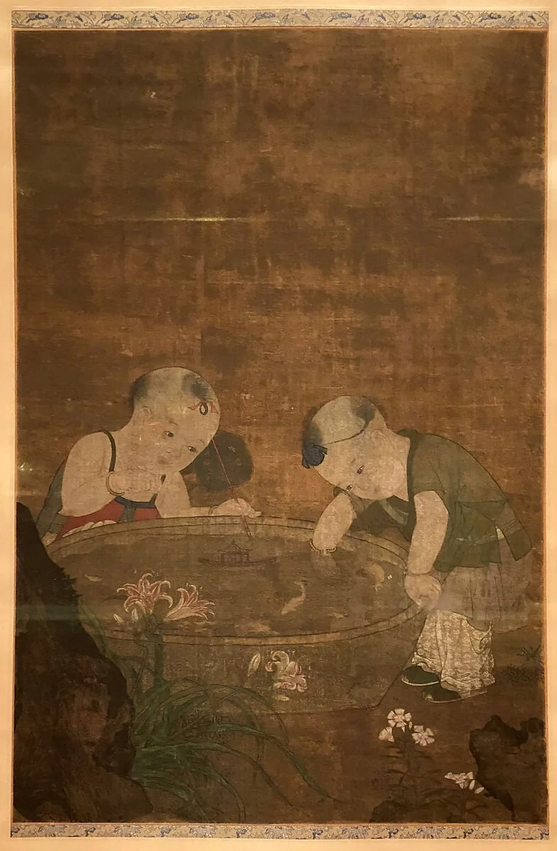 明 佚名 絹本設色 童子戯魚圖 軸|Children Playing, detail