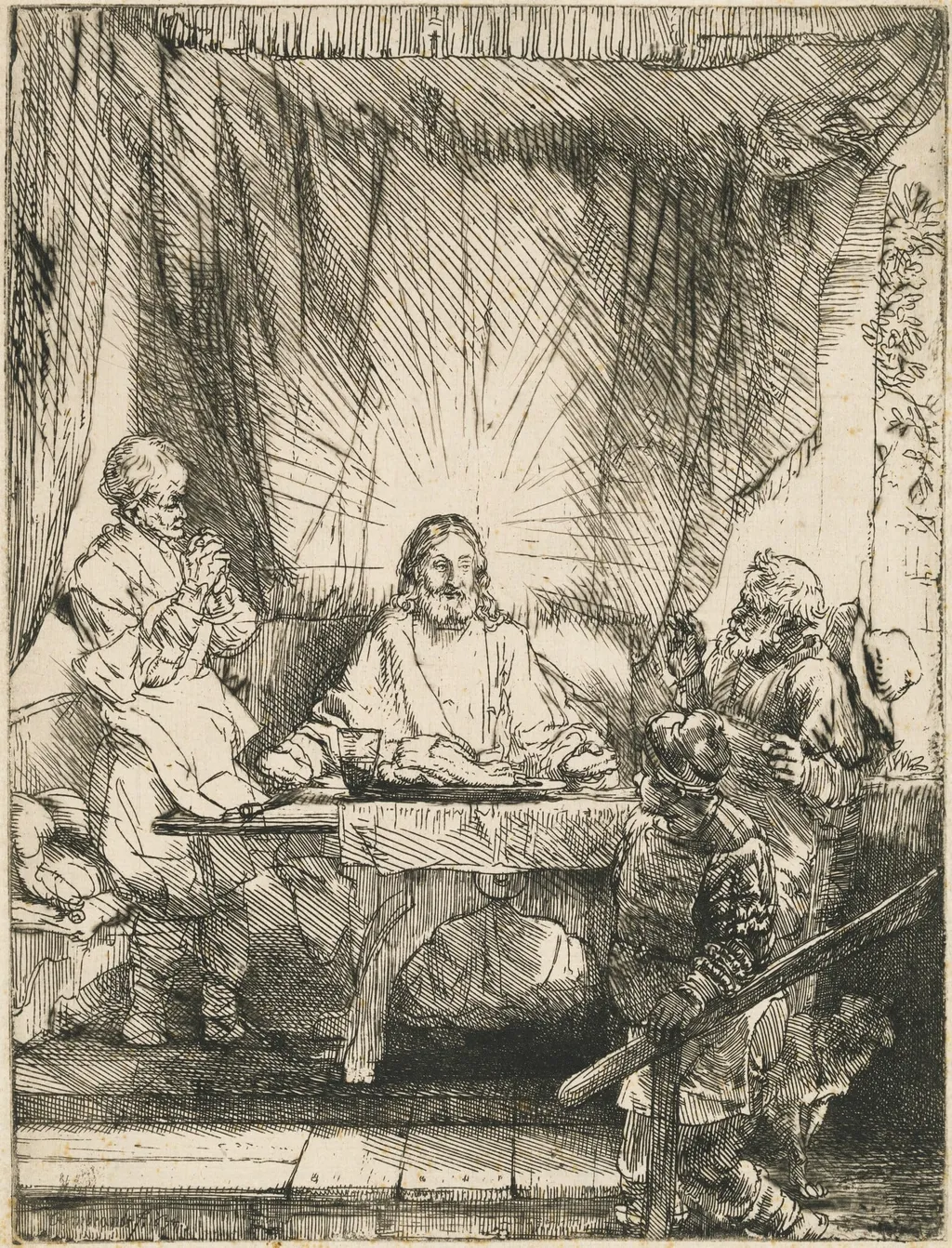 Christ at Emmaus: the Larger Plate, by Rembrandt van Rijn, ink, 1654