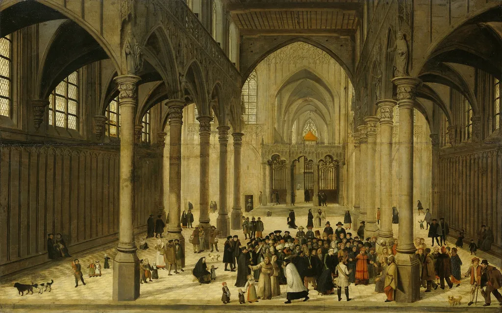 Church Interior with Christ Preaching to a Crowd, by Cornelis van Dalem, oil, 1550