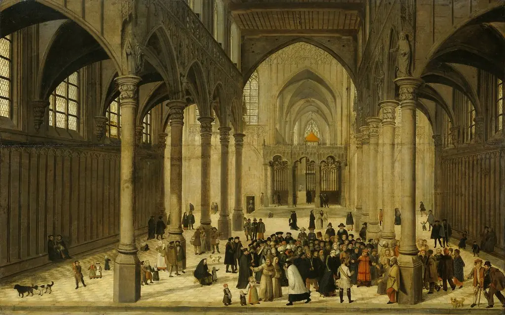 Church Interior with Christ Preaching to a Crowd, by Cornelis van Dalem, oil, 1550