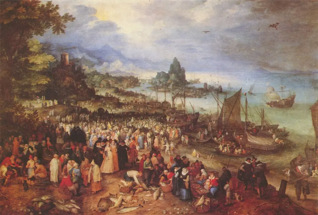 Sea port with the lecture of Christ, by Jan Brueghel, the elder, oil, 1600