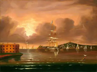 Threatening Sky, Bay of New York, by Thomas Chambers, oil, 1850