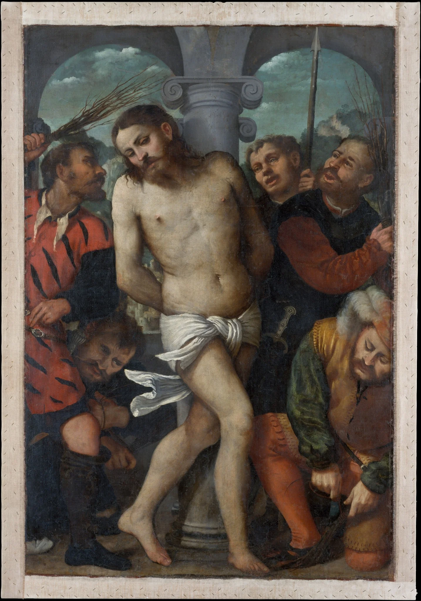 The Flagellation; (reverse) The Madonna of Mercy, detail