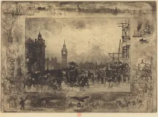 Westminster Bridge, by Félix-Hilaire Buhot, ink, 1884