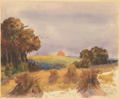 A Cornfield at Sunset, by Hercules Brabazon Brabazon, chalk, 1864