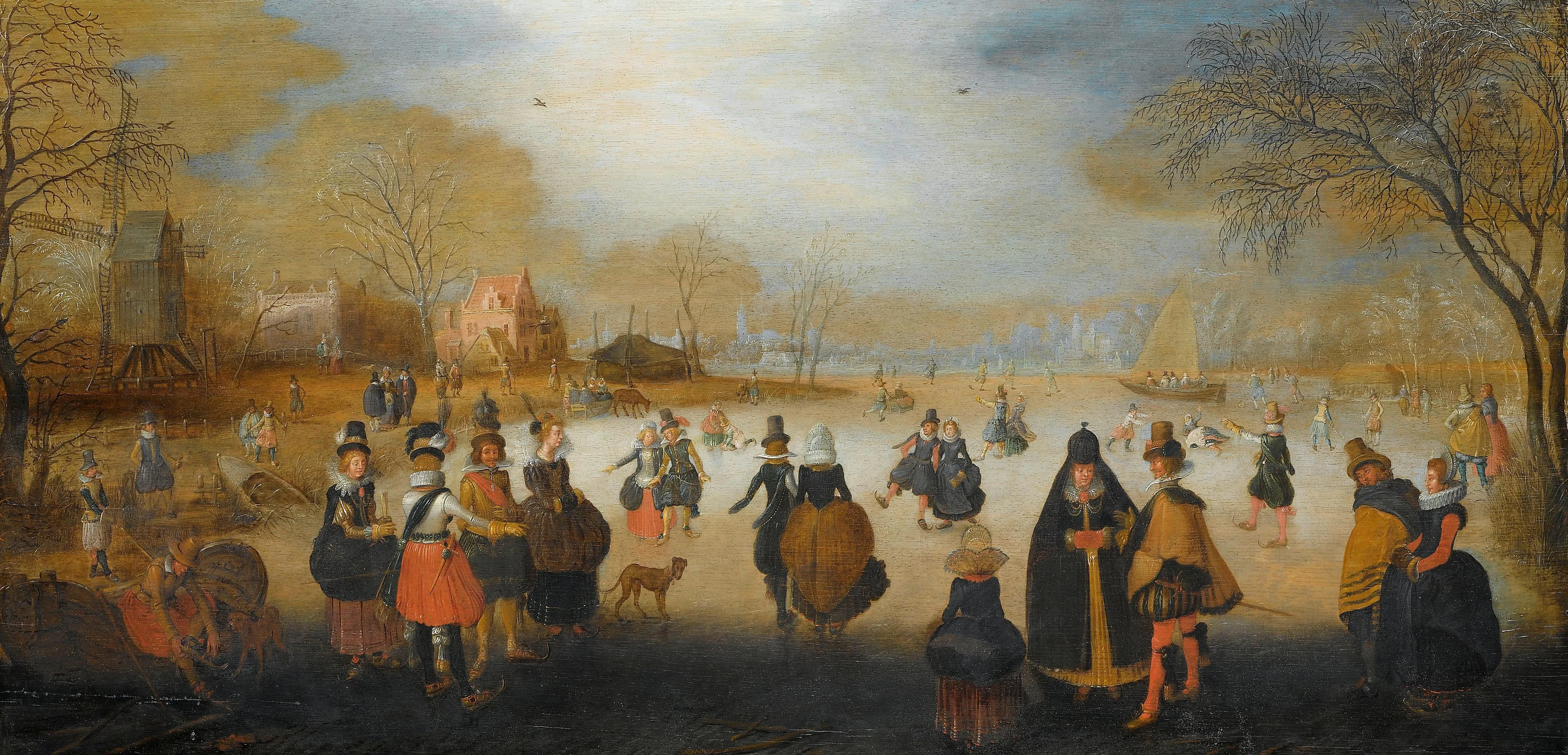 Winter landscape with skaters, detail