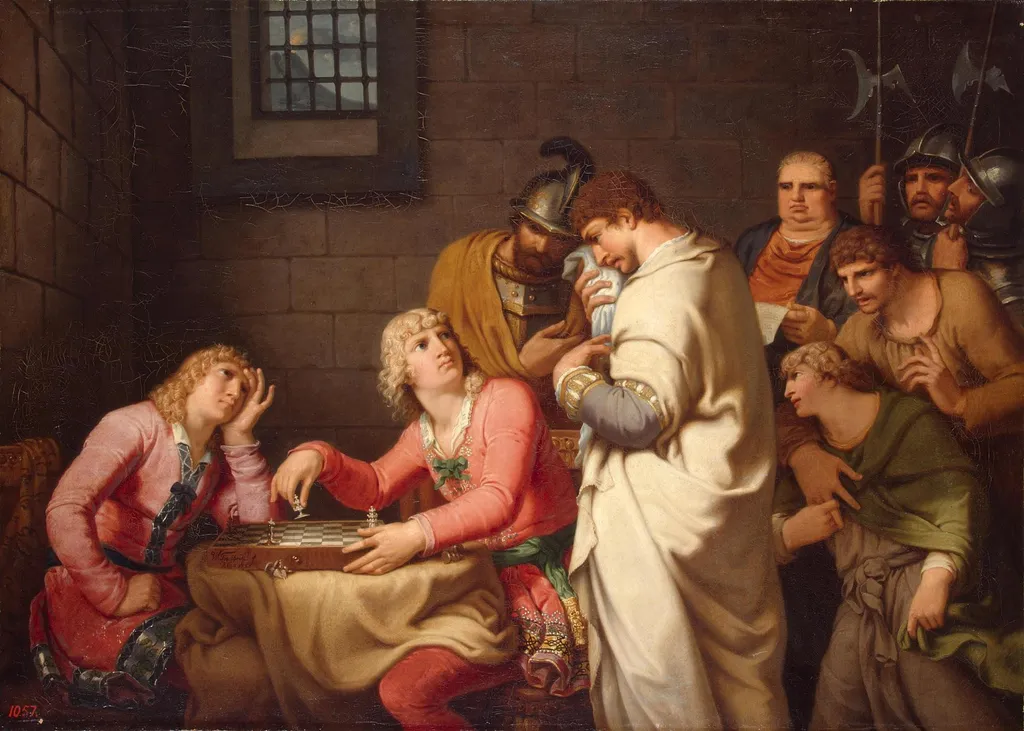 Conradin of Swabia and Friedrich of Baden Awaiting Sentence, by Johann Heinrich Wilhelm Tischbein, oil, 1793