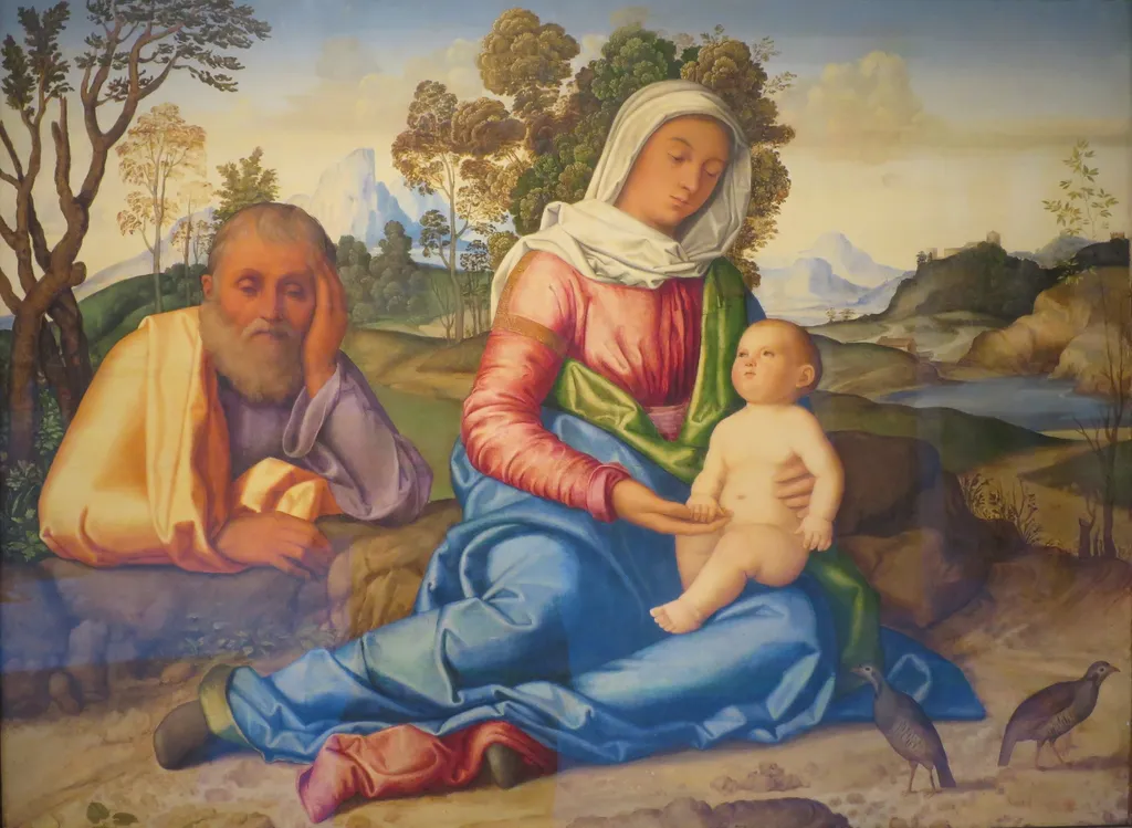 The Rest on the Flight into Egypt, by Vincenzo Catena, oil, 1510