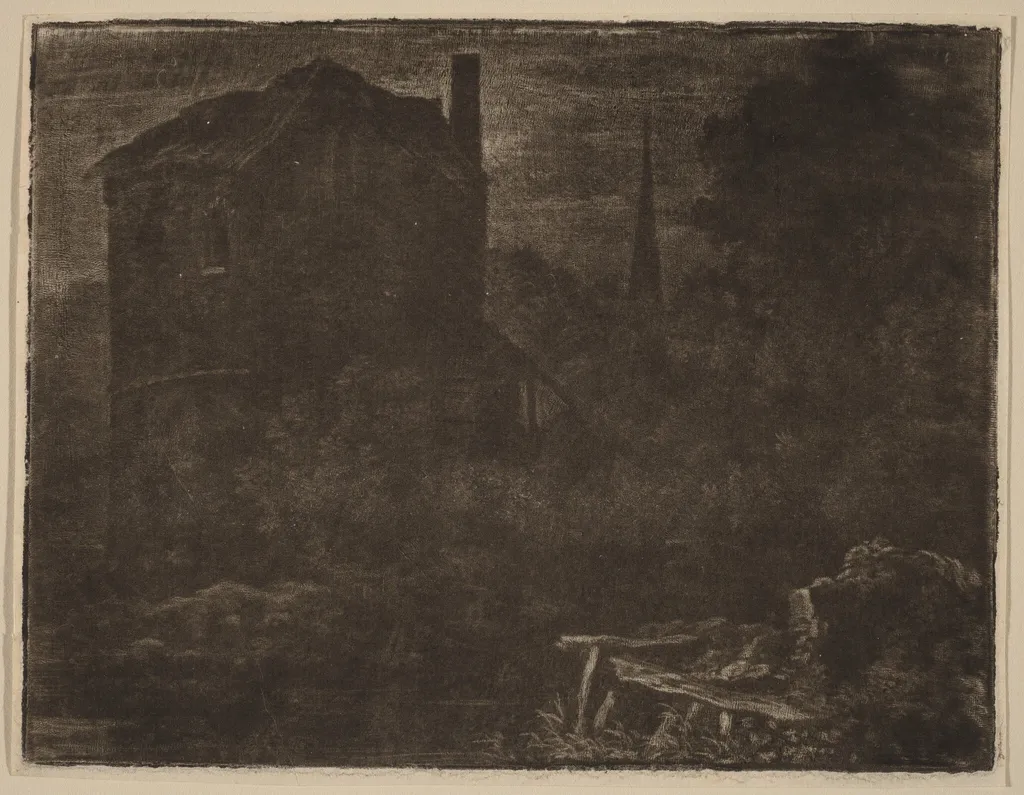 Nocturnal Landscape with House and Church Spire, by Allart van Everdingen, ink, 1660