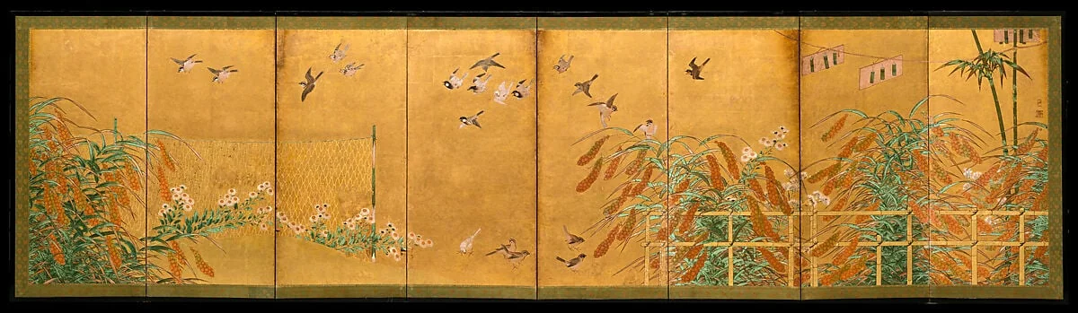 伝狩野山楽筆 粟に小禽図屏風|Autumn Millet and Small Birds, detail