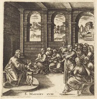 The Greatest in the Kingdom of Heaven  will be Humble like a Child, by Léonard Gaultier, ink, 1578