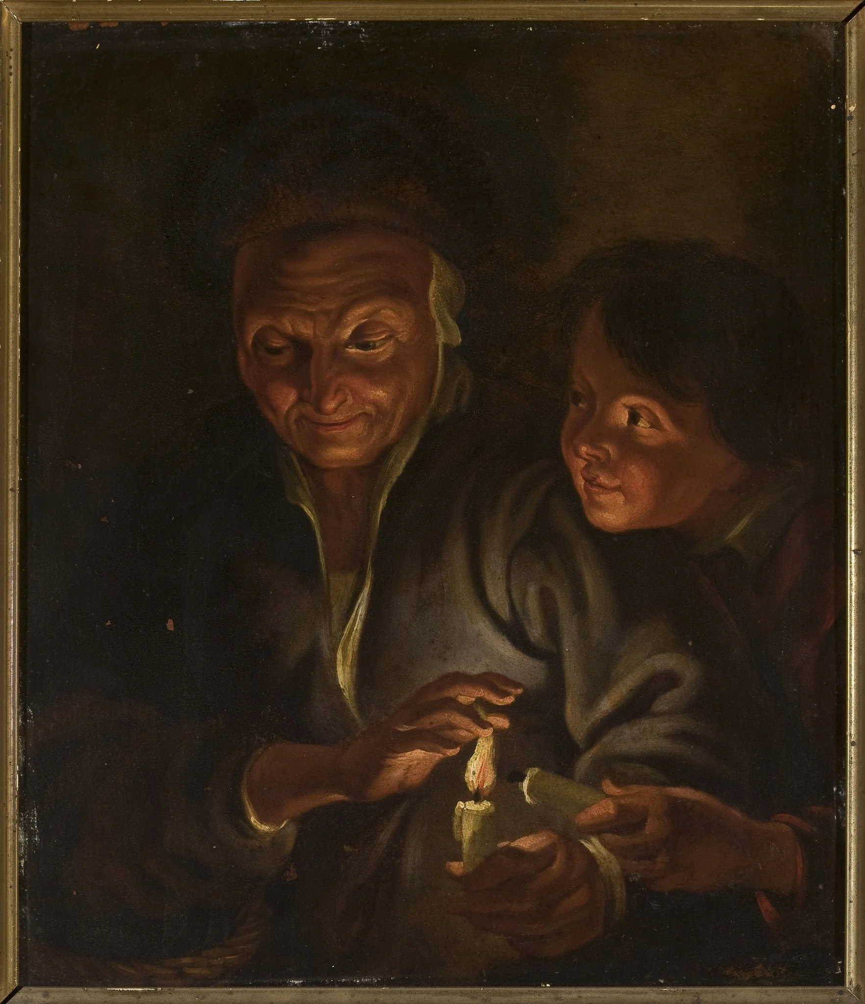 Old woman and a boy with a candle, detail