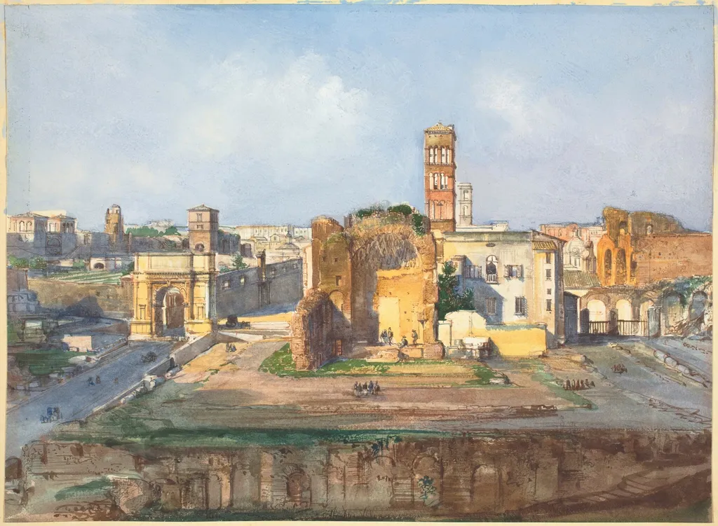 The Arch of Titus and the Temple of Venus and Rome near the Roman Forum, by Ippolito Caffi, gouache, 1838