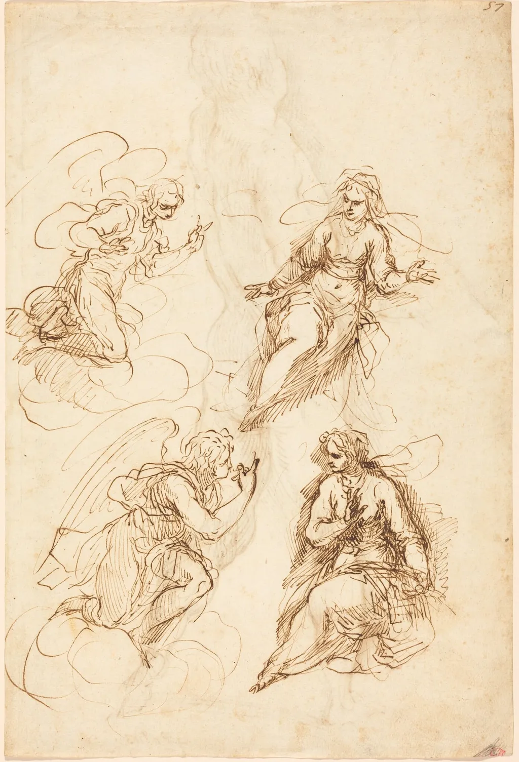 Studies for an Annunciation [recto], by Palma il Giovane, ink, 1588