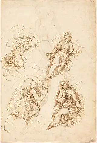 Studies for an Annunciation [recto], by Palma il Giovane, ink, 1588
