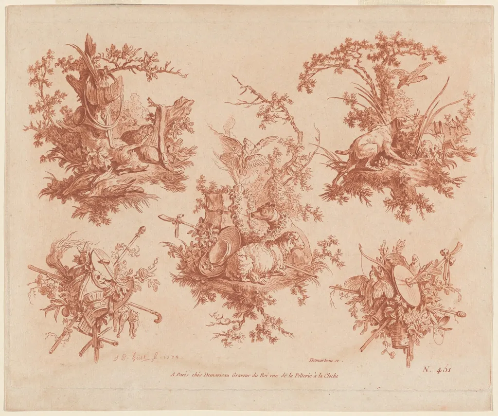 Five Trophies with Themes of Hunting, Love, and Folly, by Gilles Demarteau the Elder, chalk, 1774