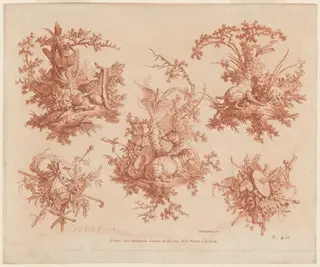 Five Trophies with Themes of Hunting, Love, and Folly, by Gilles Demarteau the Elder, chalk, 1774