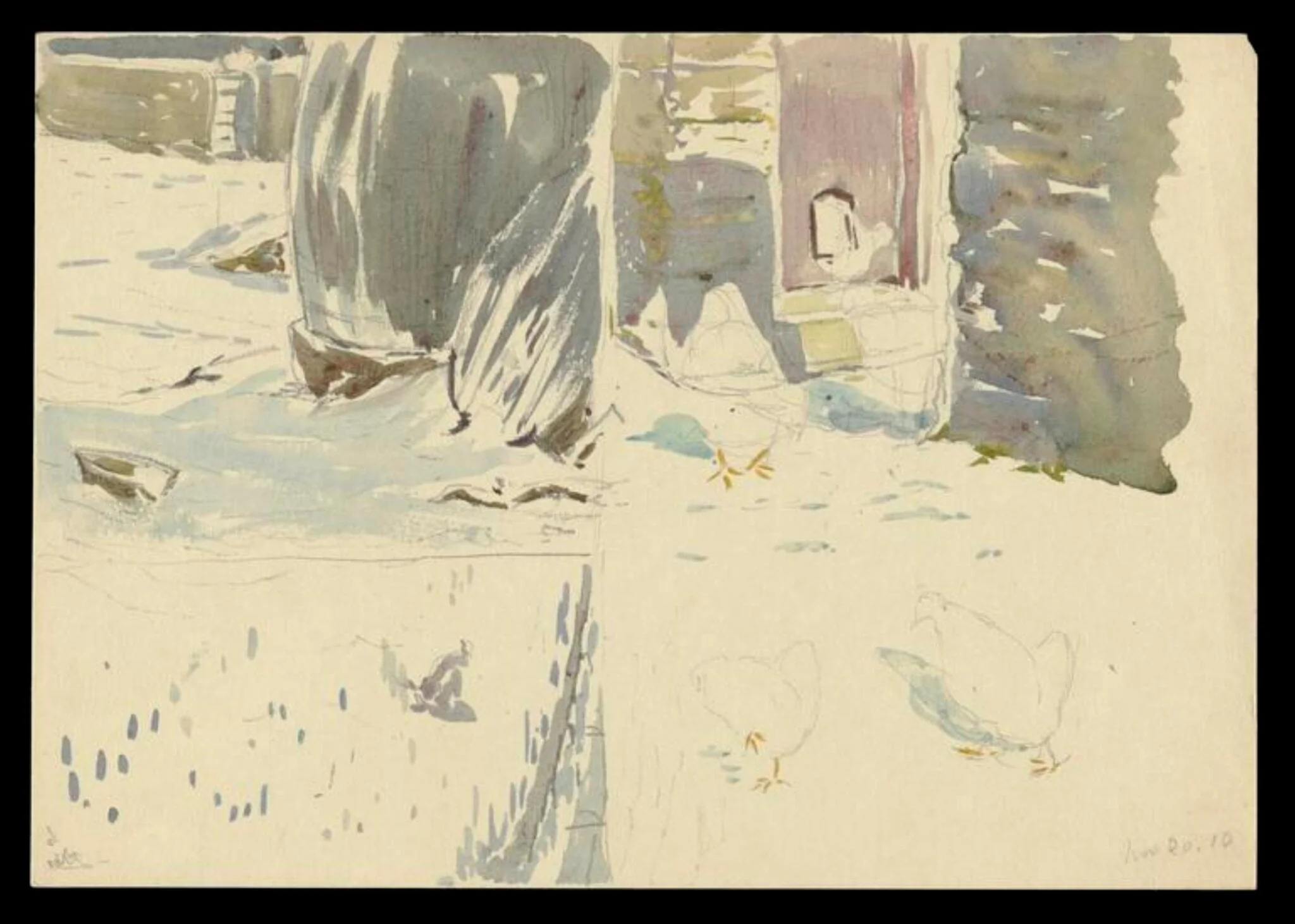 Snowy scenes: waterbutt in the snow; chickens in snow near doorway; chicken in snow, detail