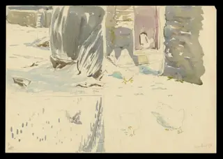 Snowy scenes: waterbutt in the snow; chickens in snow near doorway; chicken in snow, by Beatrix Potter, watercolor, 1910