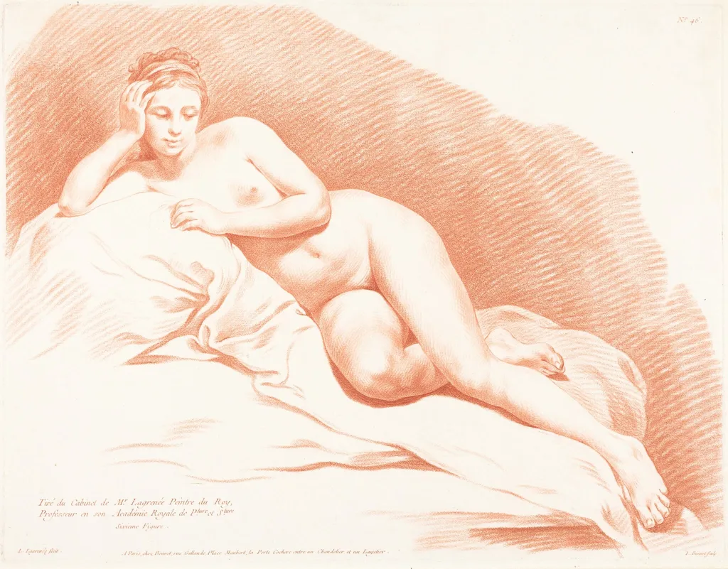 Reclining Female Nude, by Louis-Marin Bonnet, chalk, 1771