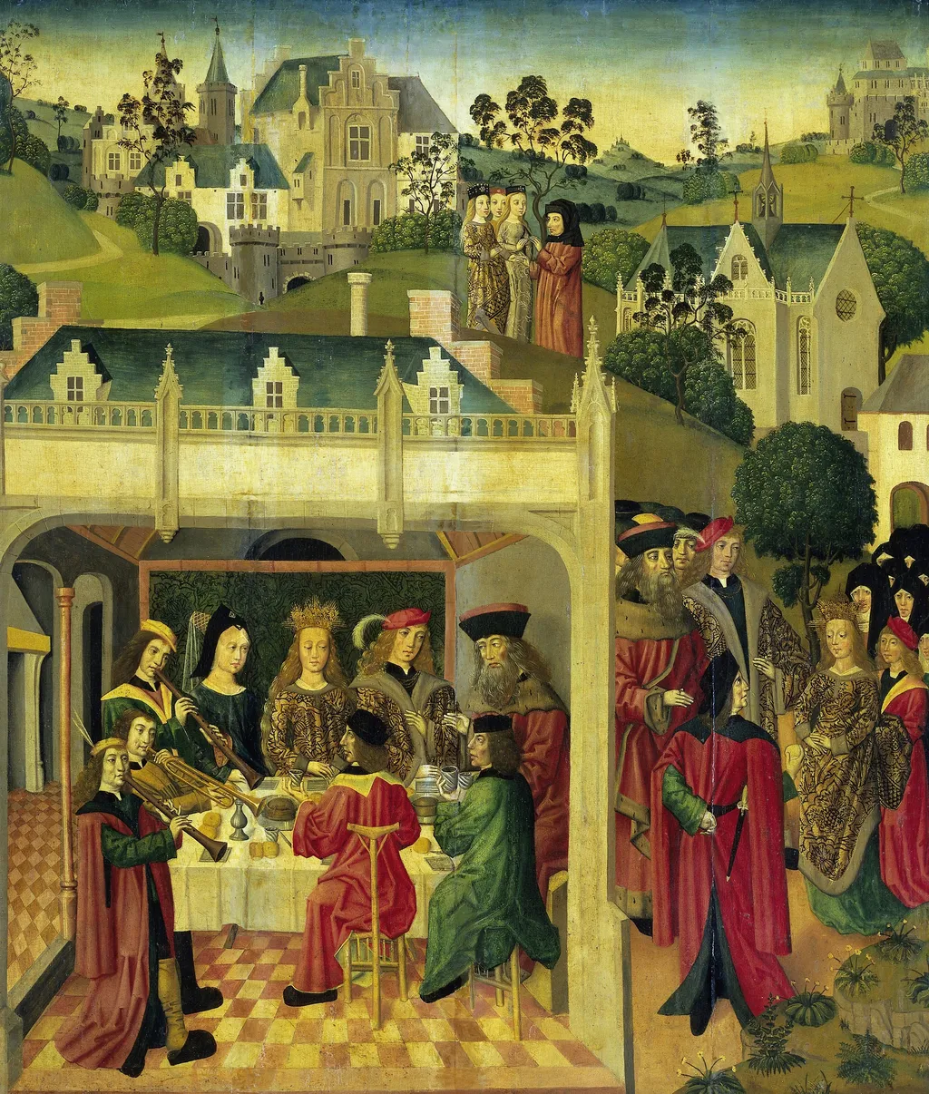 Inner left wing of an altarpiece with the wedding feast of St Elizabeth and Louis of Thuringia in the Wartburg, by Master of the St Elizabeth Panels, oil, 1496
