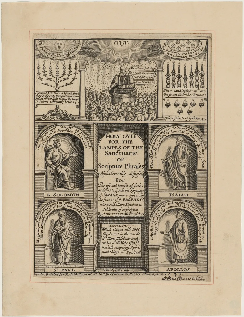 Title Page for Holy Oyle for the Lampes of the Sanctuarie, John Clarke, by Thomas Cecil, ink, 1630