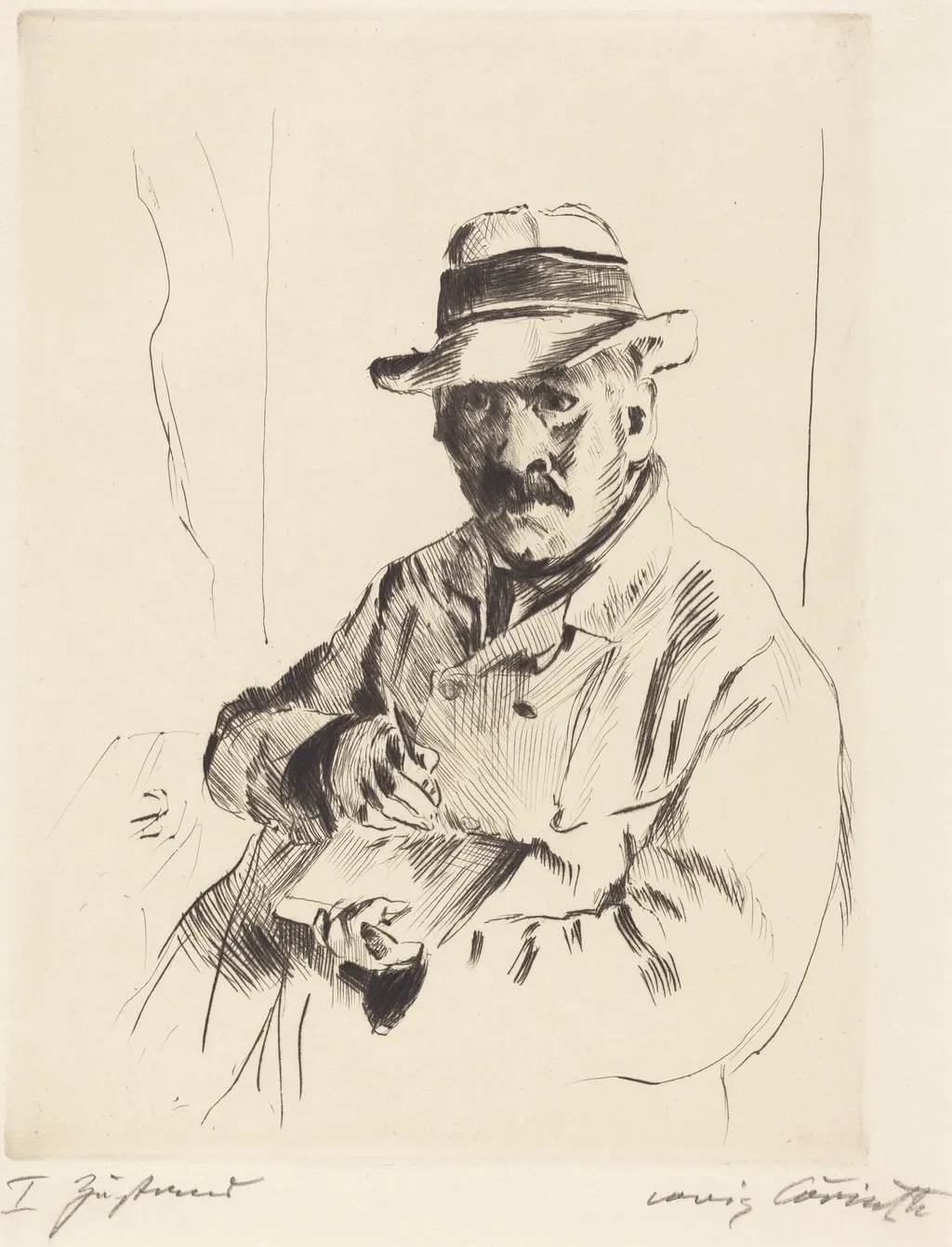 Selbstbildnis im Strohhut (Self-Portrait in a Straw Hat), by Lovis Corinth, ink, 1913