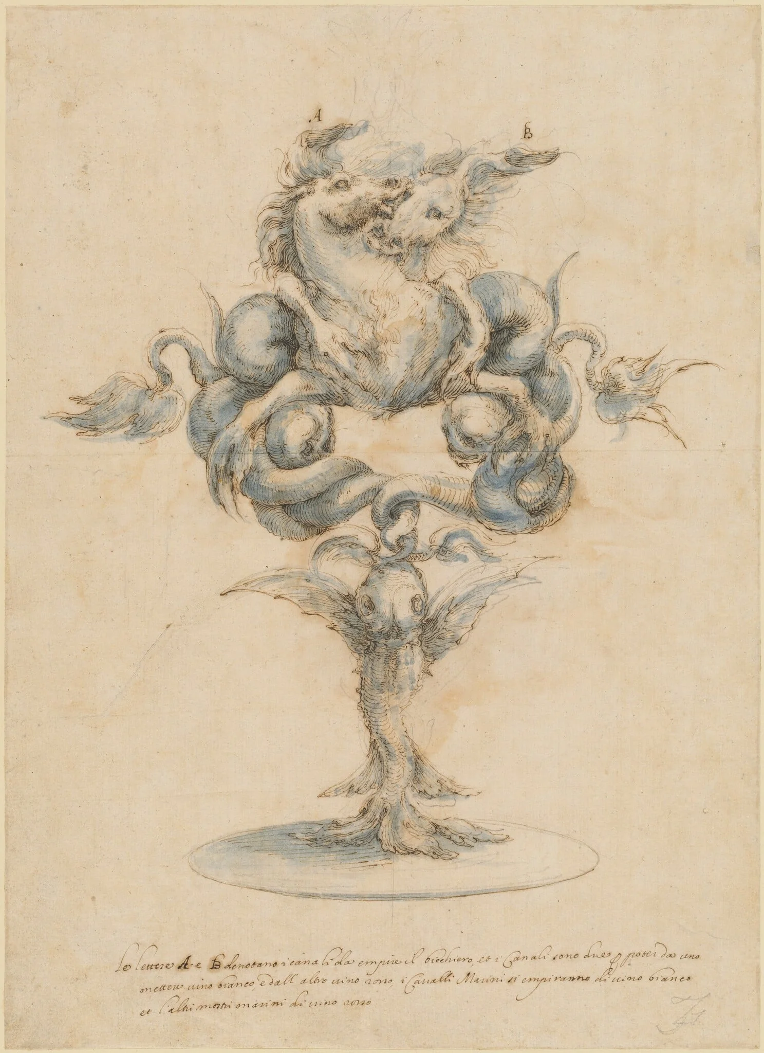 A Wine Decanter with Two Fighting Sea Horses, detail