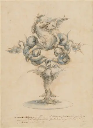 A Wine Decanter with Two Fighting Sea Horses, by Master of the Medici Banquet Decanters, ink, 1660
