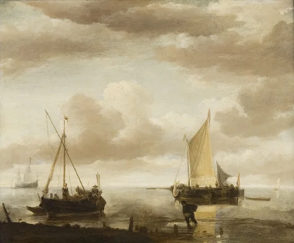 Calm sea with fishing boats, detail