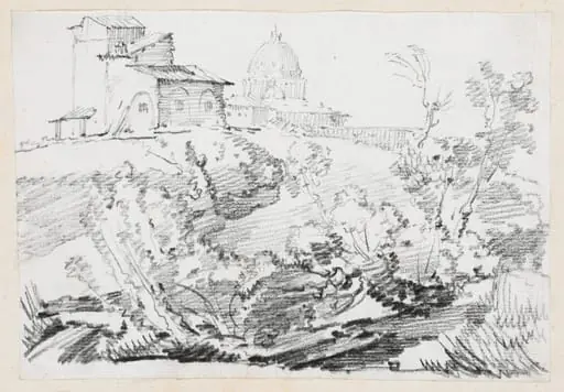 A Building on a Hill with Saint Peter's in the Distance, by Joseph-Marie Vien, graphite, 1747