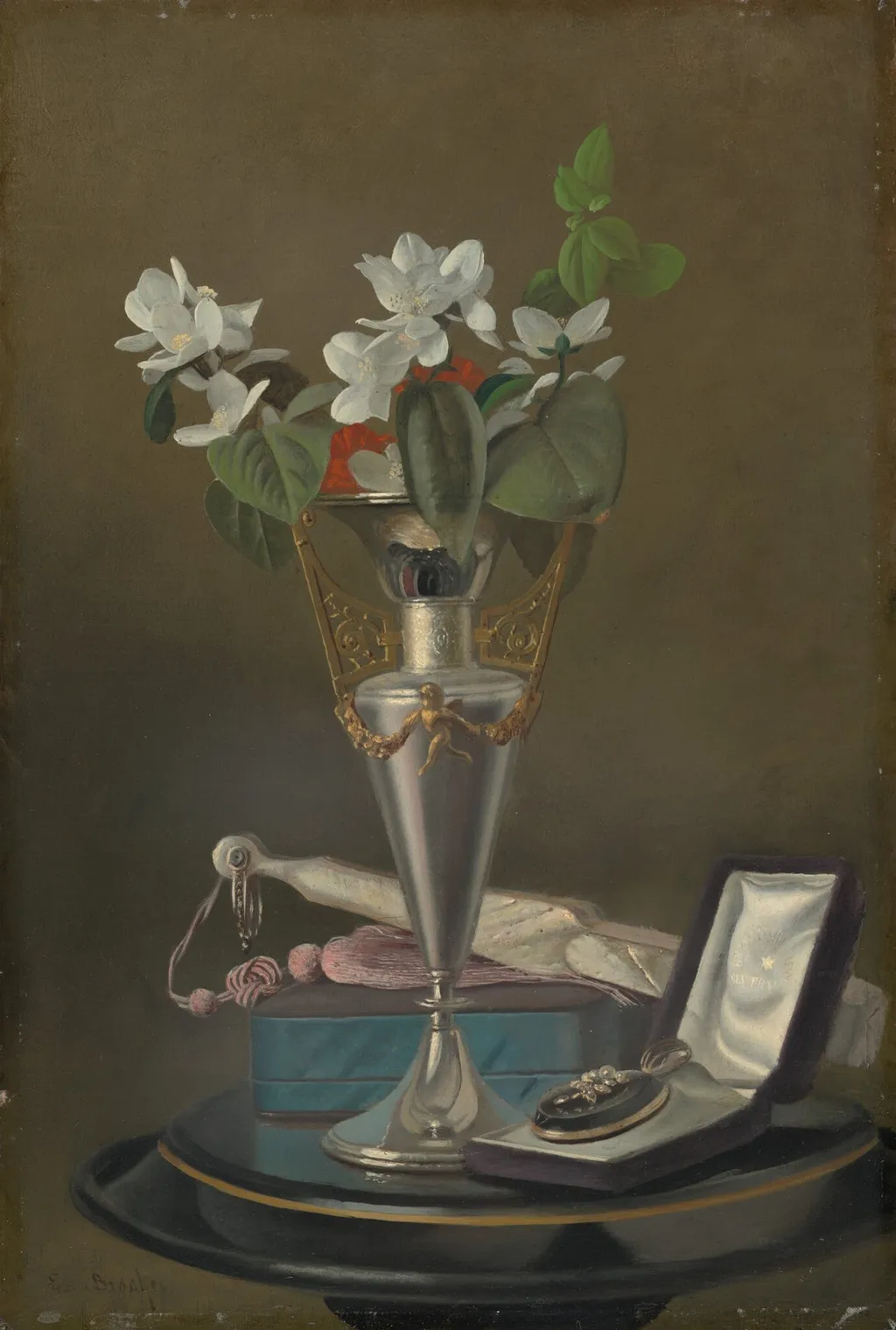 Still Life with Fan and Pendant, by Samuel Marsden Brookes, oil, 1870