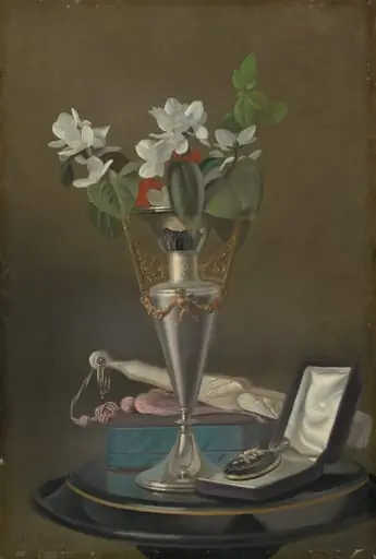 Still Life with Fan and Pendant, by Samuel Marsden Brookes, oil, 1870
