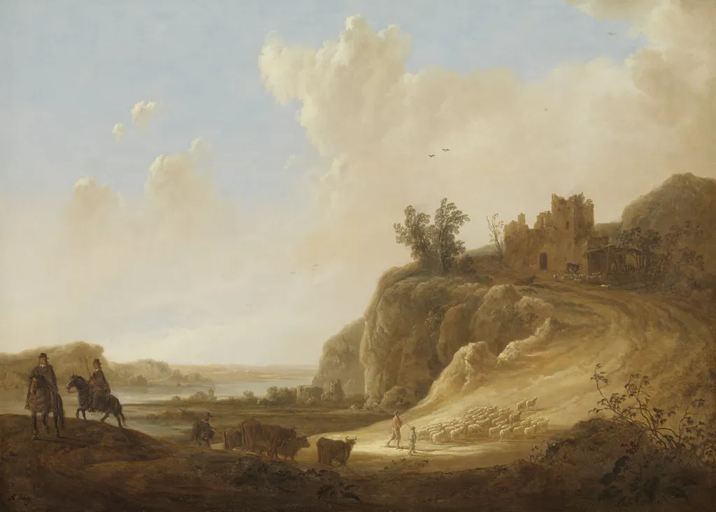 Mountainous landscape with the ruins of a castle, by Aelbert Cuyp, oil, 1650