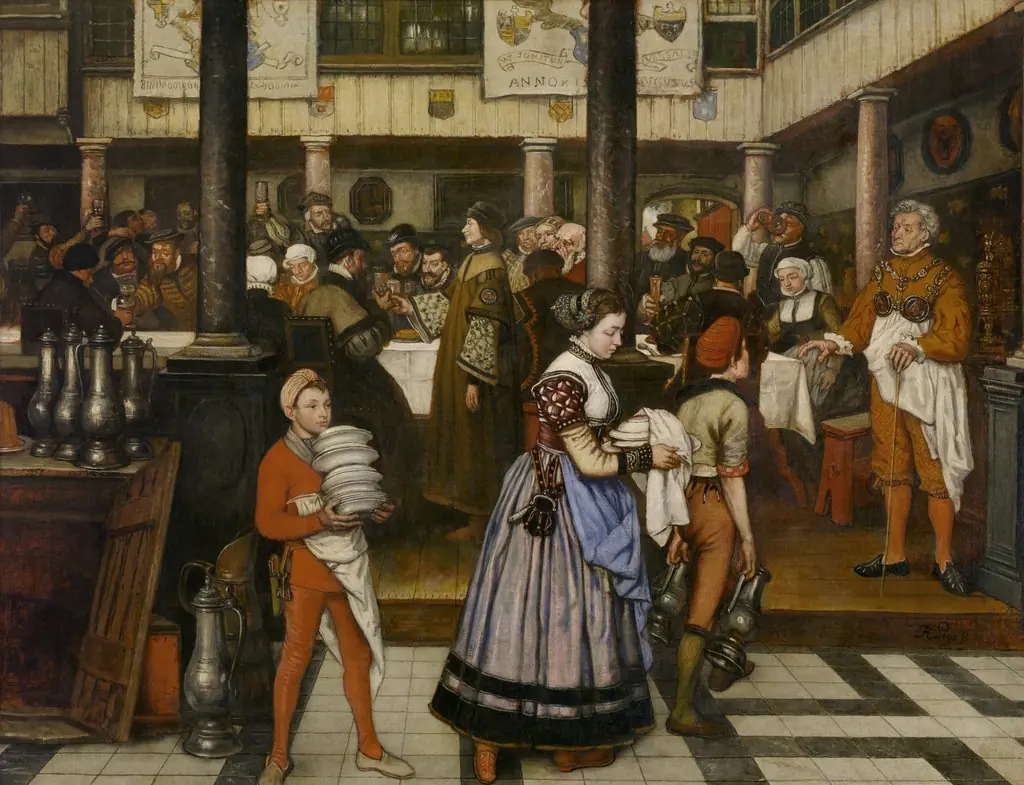 Frans Floris Attending a Banquet of the Guild of Saint Luke, by Jan August Hendrik Leys, oil, 1853