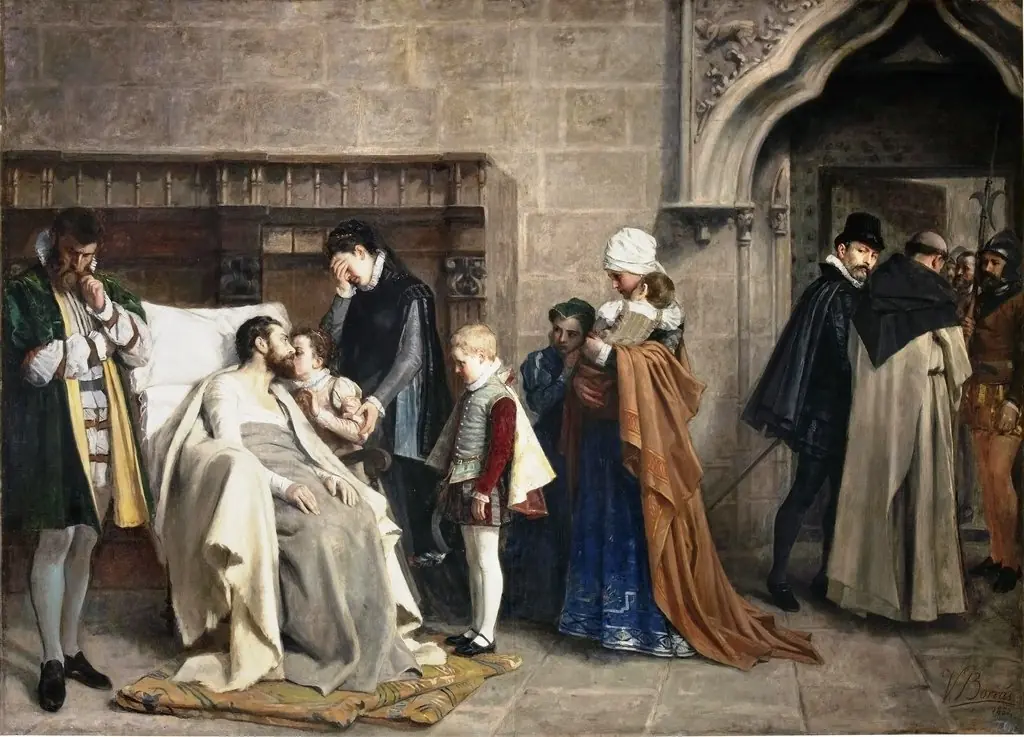 Antonio Pérez recibiendo a su familia después del tormento, by Vicente Borrás y Mompó, oil, 1892