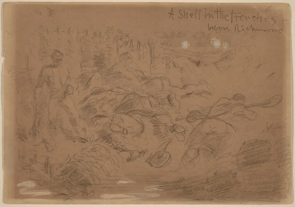 A Shell in the Trenches before Richmond [recto], by Winslow Homer, charcoal, 1862