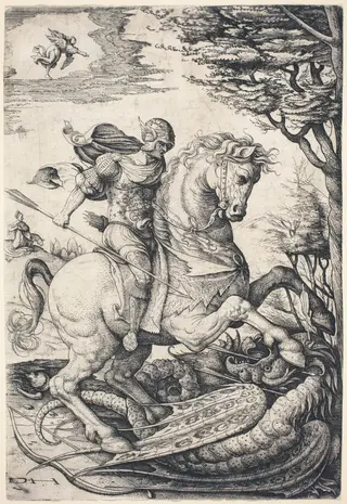 Saint George on Horseback Slaying the Dragon, by Daniel Hopfer, ink, 1520