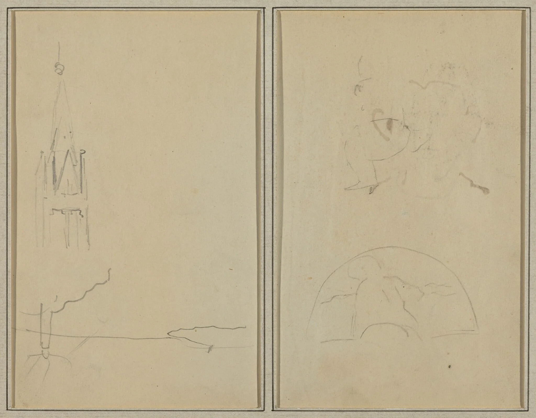 Church Tower; A Sketch of a Fan [recto], detail
