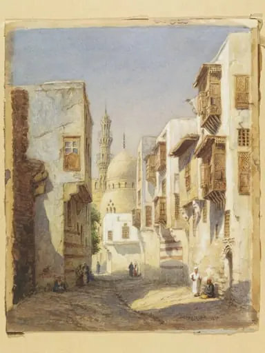 Darb al-Ahmer, Cairo, with the Mosque and Tomb of Amir Khayrbak, by Thomas Robert Macquoid, watercolor, 1870